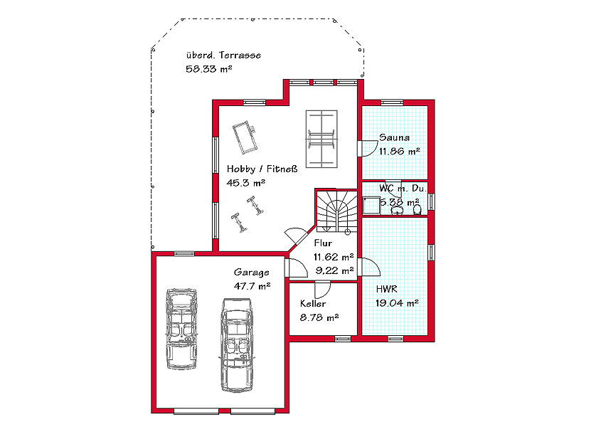 Das Kellergeschoss des Luxushauses mit 91,7 m²