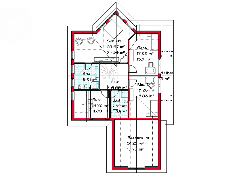 Das Dachgeschoss des Mehrgiebelhauses mit 92,3 m²