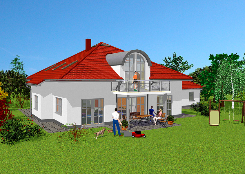 Rückansicht Bungalow im Bauhausstil mit Terrasse