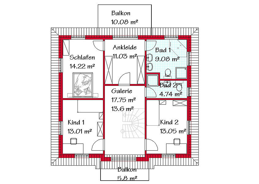 Das Obergeschoss der Stadtvilla mit 86,9 m²