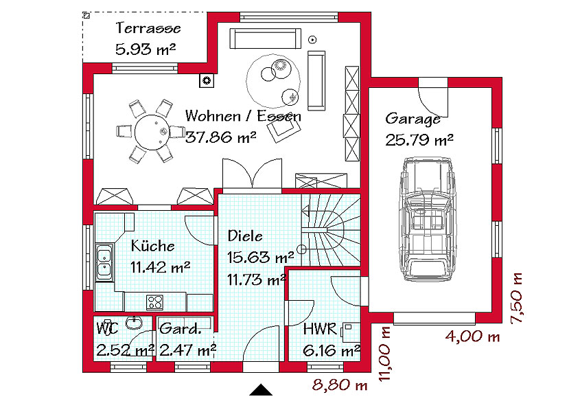 Das Erdgeschoss des Winkelhauses mit 75,3 m²