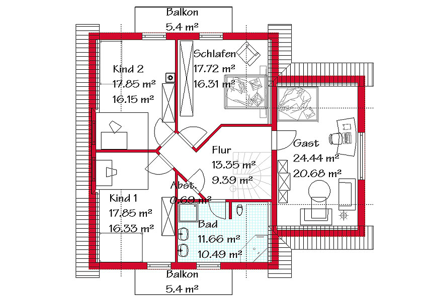 Das Dachgeschoss des Winkelhauses mit 95,4 m²