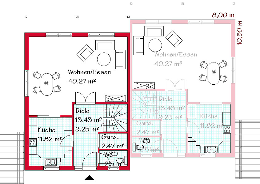 Das Erdgeschoss des Doppelhauses mit 66,7 m²