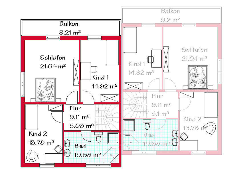 Das Obergeschoss des Doppelhauses mit 70,8 m²