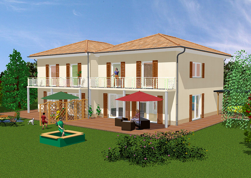 Rückansicht Doppelhaus – Mit Terrasse und Balkon