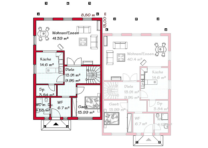 Das Erdgeschoss des Doppelhauses mit 94,1 m²