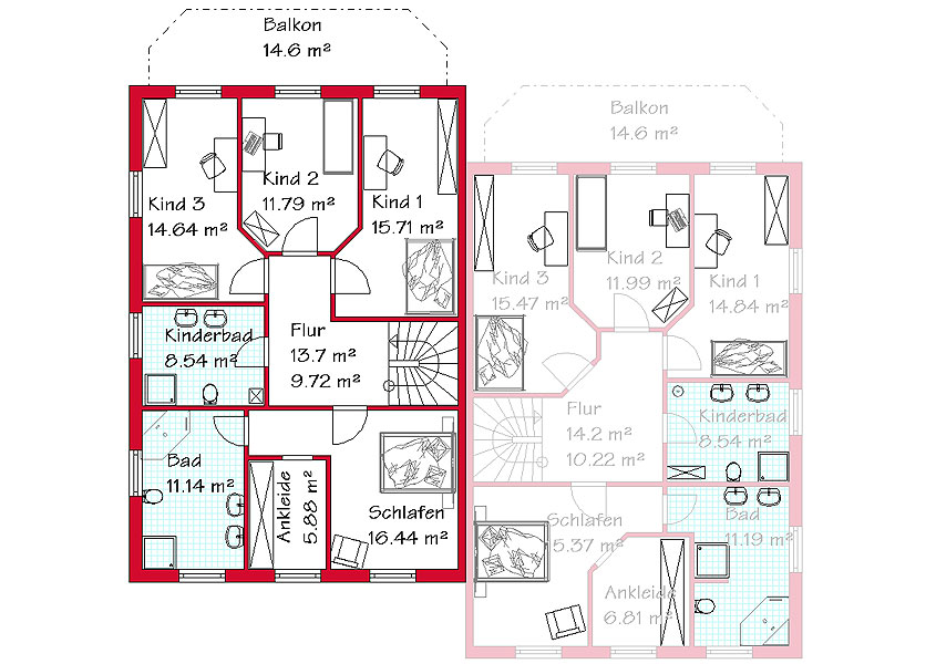 Das Obergeschoss des Doppelhauses mit 100,8 m²