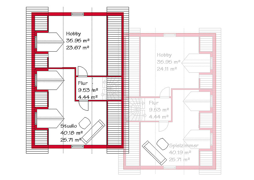 Das Dachgeschoss des Doppelhauses mit 53,8 m²