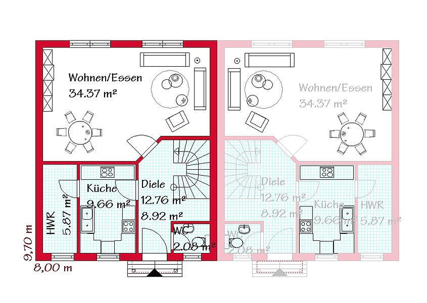 Das Erdgeschoss des Doppelhauses mit 60,7 m²
