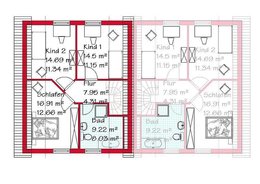 Das Dachgeschoss des Doppelhauses mit 47,5 m²