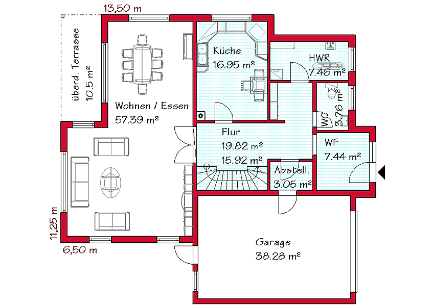 Das Erdgeschoss des Bauhausstilhauses mit 112,8 m²