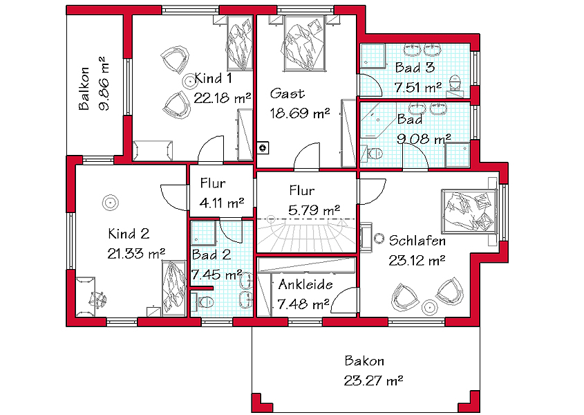 Das Obergeschoss des Bauhausstilhauses mit 144,6 m²