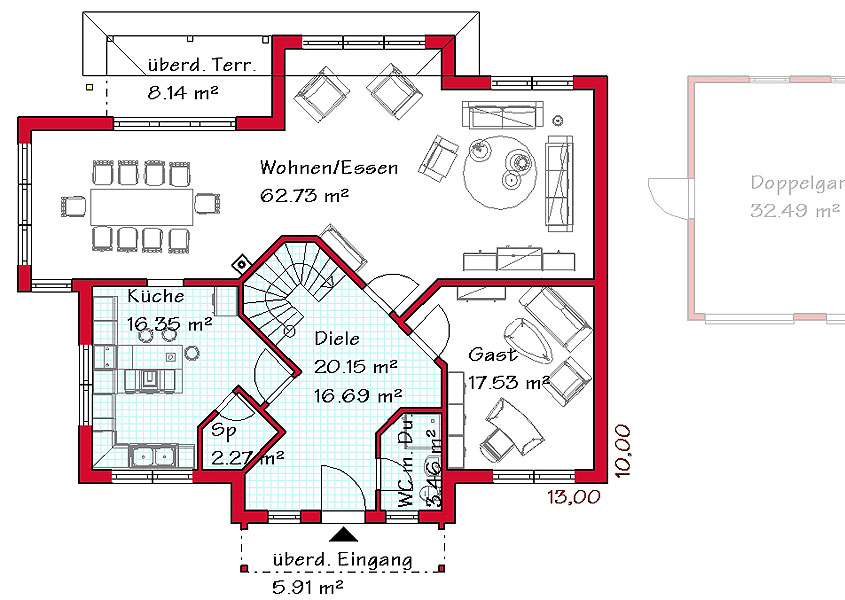 Das Erdgeschoss der Stadtvilla mit 120,5 m²