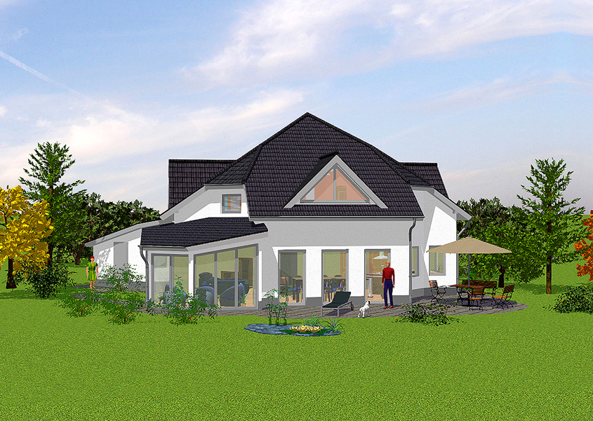 Rückansicht Bungalow mit großen Fensterfronten