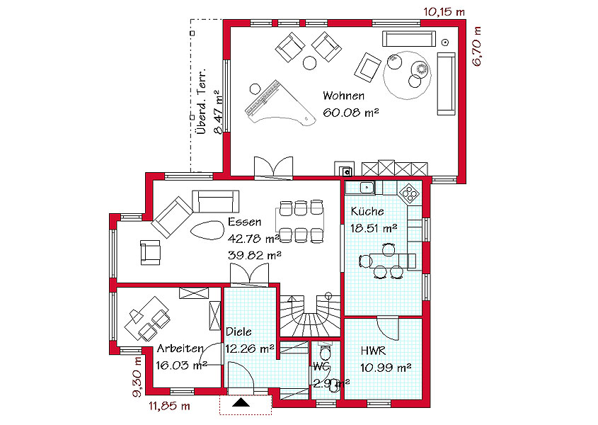Das Erdgeschoss des Winkelhauses mit 165,4 m²
