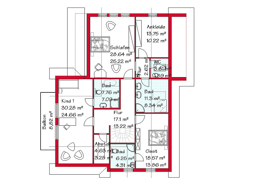Das Dachgeschoss des Winkelhauses mit 119,1 m²