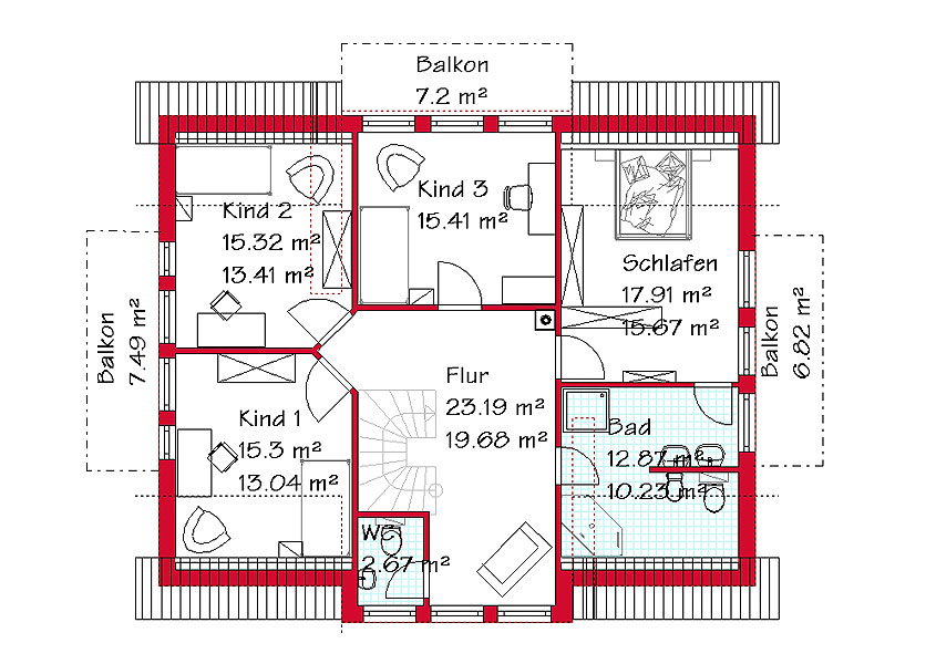 Das Dachgeschoss des Mehrgiebelhauses mit 100,9 m²