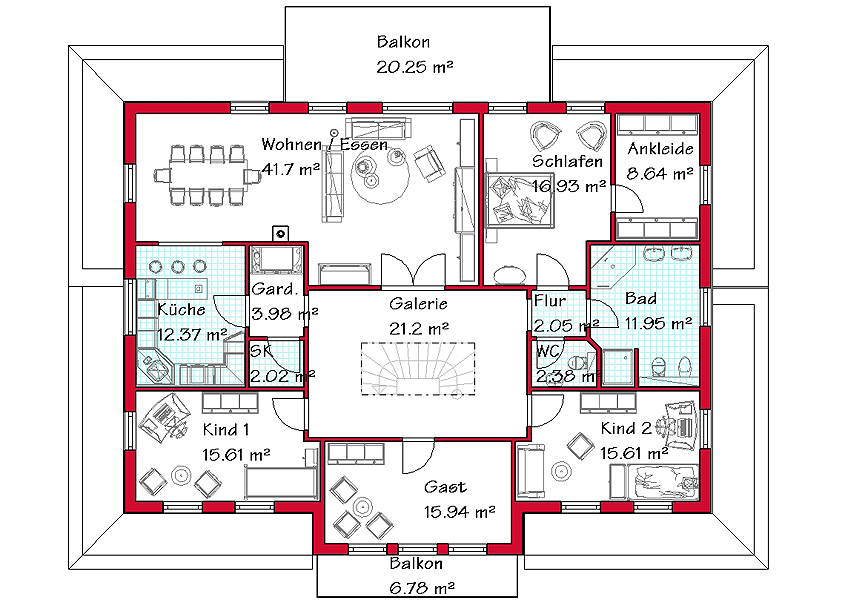Grundriss des Obergeschosses im Mehrfamilienhaus