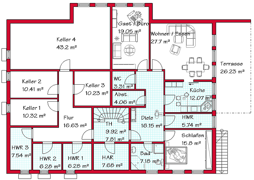 Grundriss des 124,2 m2  großen Kellergeschosses