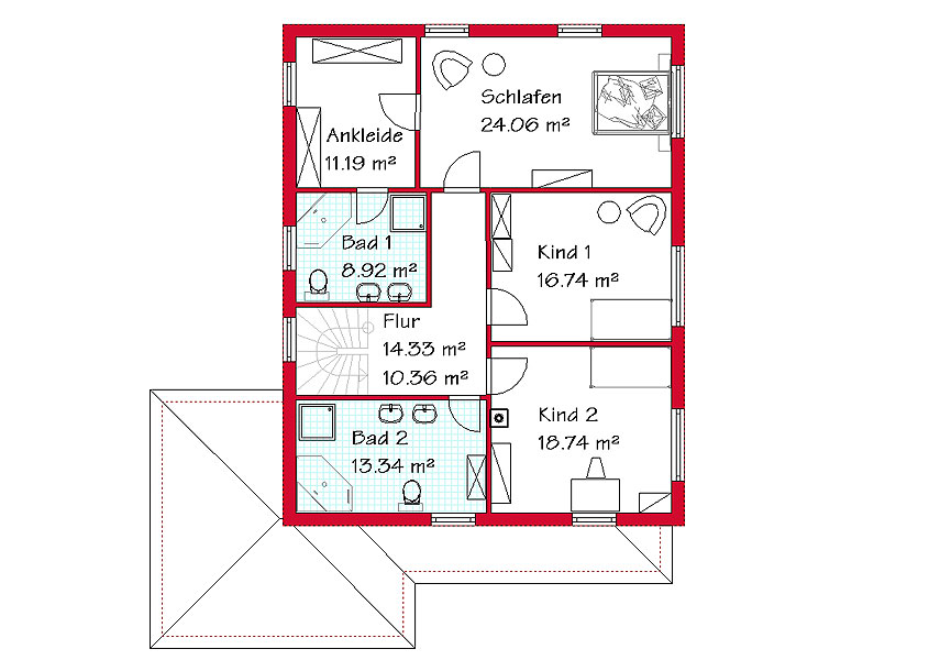 Das Obergeschoss der Stadvilla mit 103,5 m²