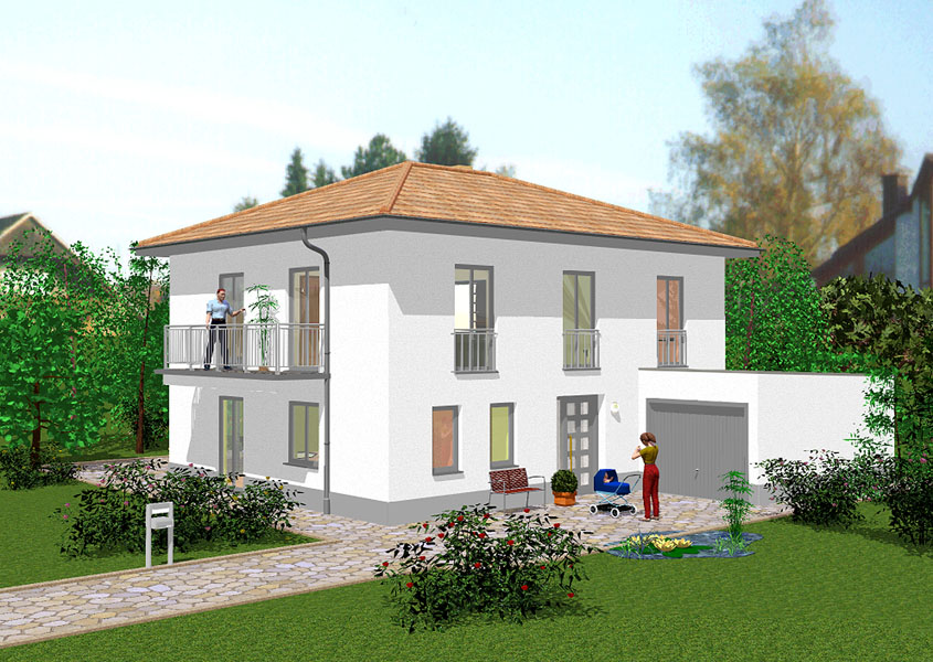 Stadtvilla Vorderansicht – Praktisch mit Balkon und Garage