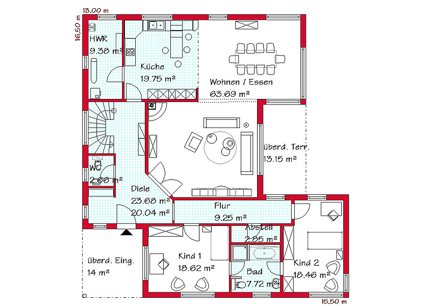 Das Erdgeschoss des Bauhausstilhauses mit 179,7 m²