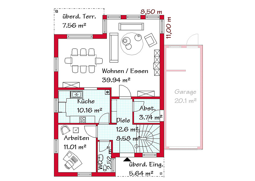 Das Erdgeschoss des Bauhausstilhauses mit 76,6 m²