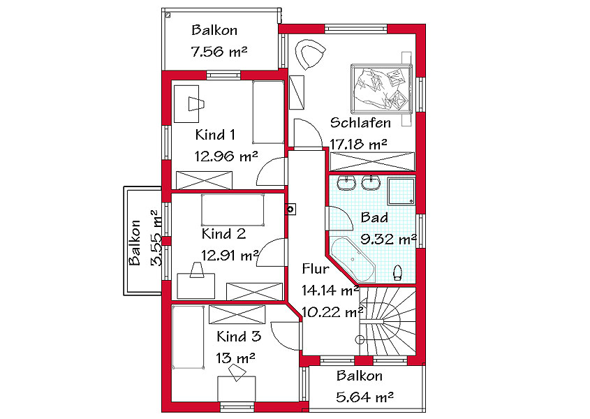 Das Obergeschoss des Bauhausstilhauses mit 84,3 m²