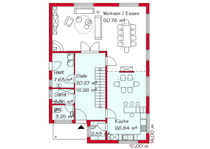 Das Erdgeschoss des Bauhausstilhauses mit 110,8 m²