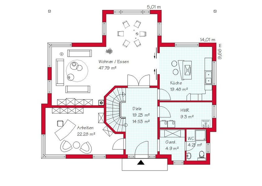 Das Erdgeschoss des Bauhausstilhauses mit 123,0 m²