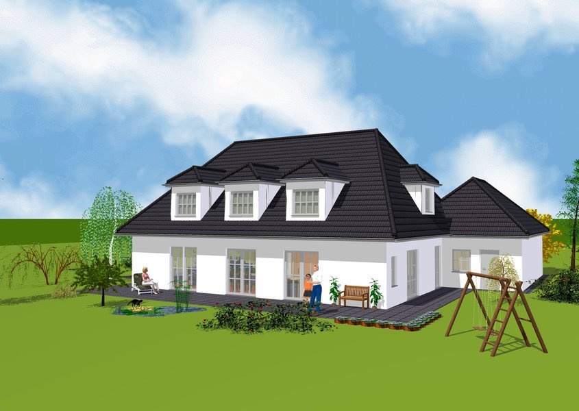 Bungalow Rückansicht mit  Blick auf Garage
