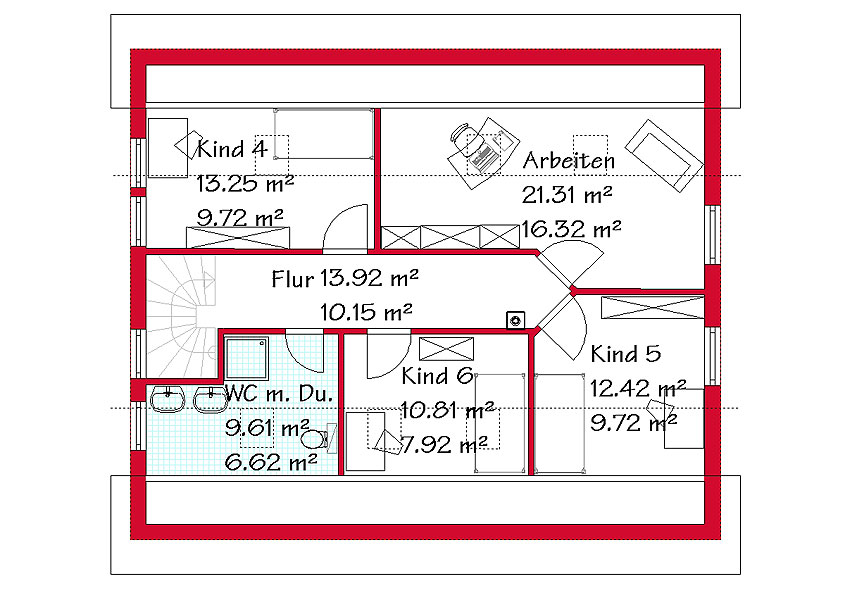 Das Dachgeschoss des Einfamilienhauses mit 60,6 m²