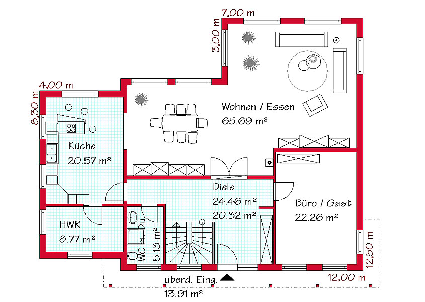 Das Erdgeschoss der Stadtvilla mit 142,4 m²