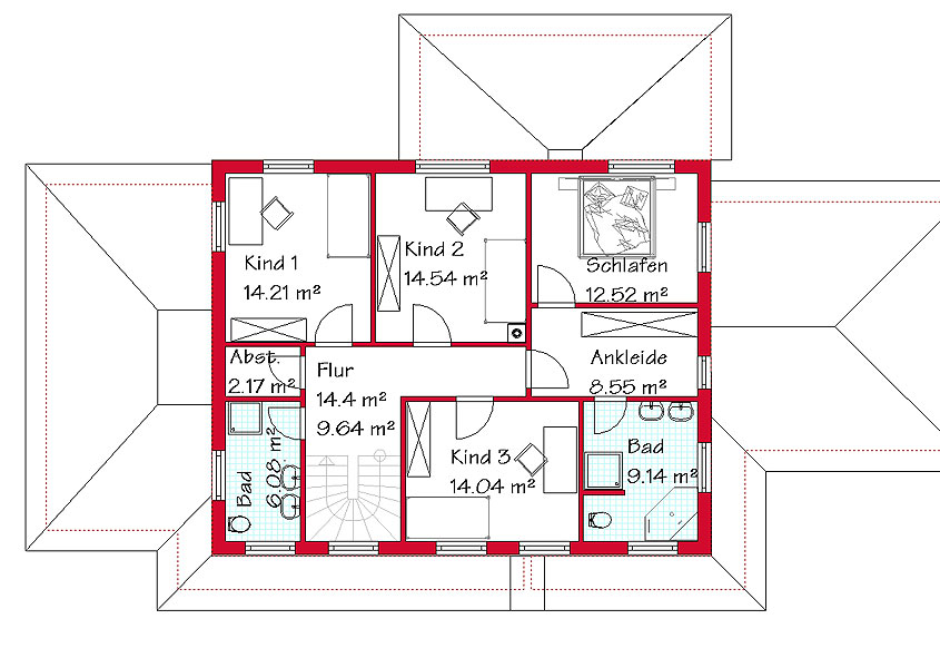 Das Obergeschoss der Stadtvilla mit 91,0 m²