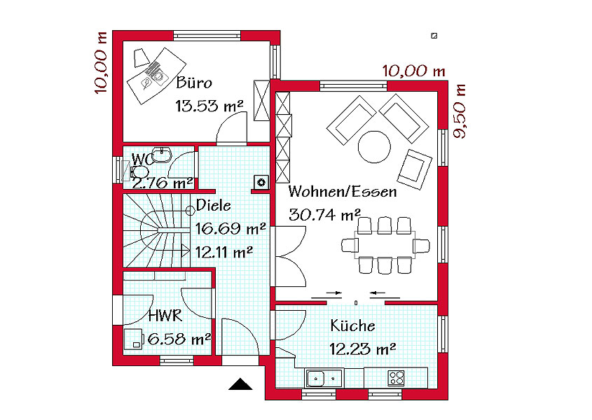 Das Erdgeschoss des Pultdachhauses mit 81,9 m²