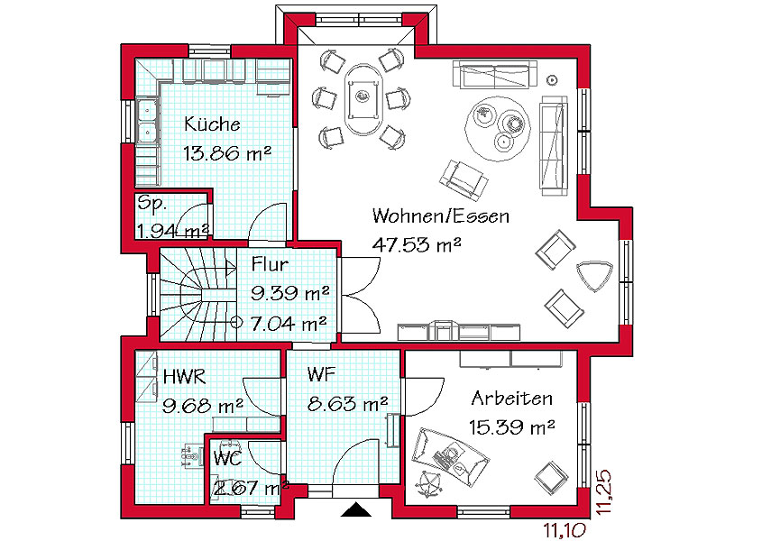 Das Erdgeschoss des Mehrgiebelhauses mit 105,5 m²