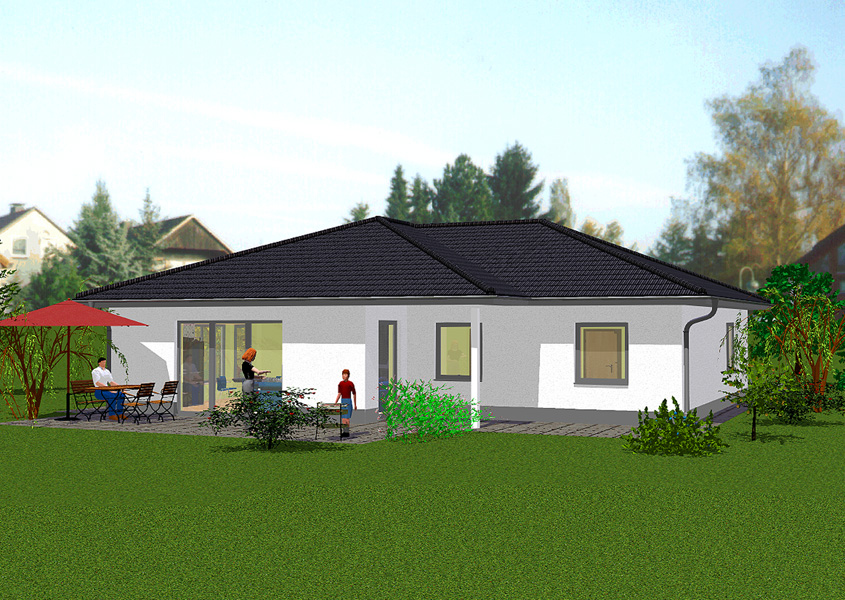 Bungalow Rückansicht mit großen Fenstern und überdachter Terrasse