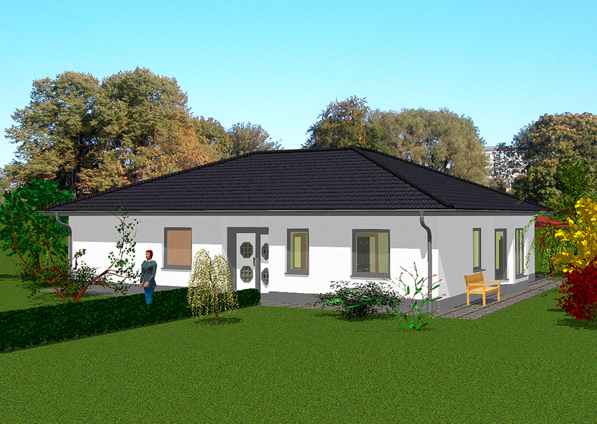 Bungalow Vorderansicht mit Sicht auf Terrasse